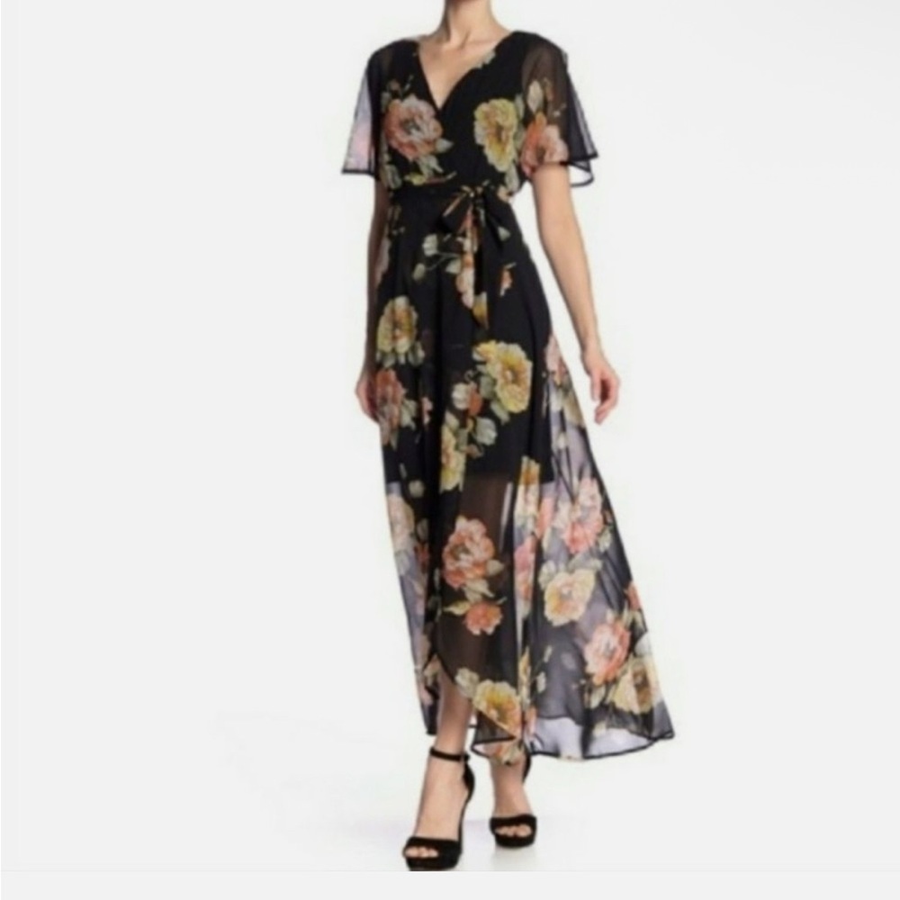Luxology Black Floral Wrap Maxi Dress with Peach & Yellow Blooms